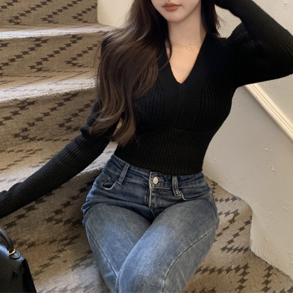 브이넥 퍼프 니트 티셔츠